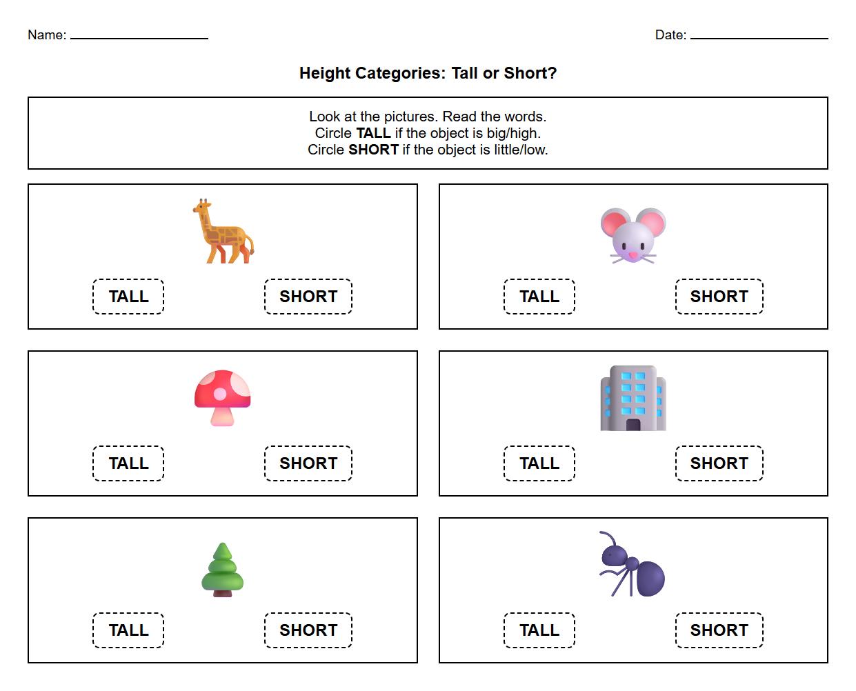 Early Math Phonics Worksheet Grouping Items by Height Category