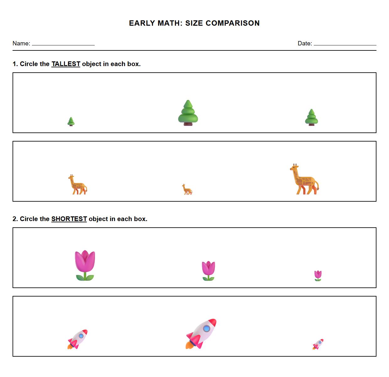 Early Math Phonics Worksheet Identifying Tallest and Shortest Object