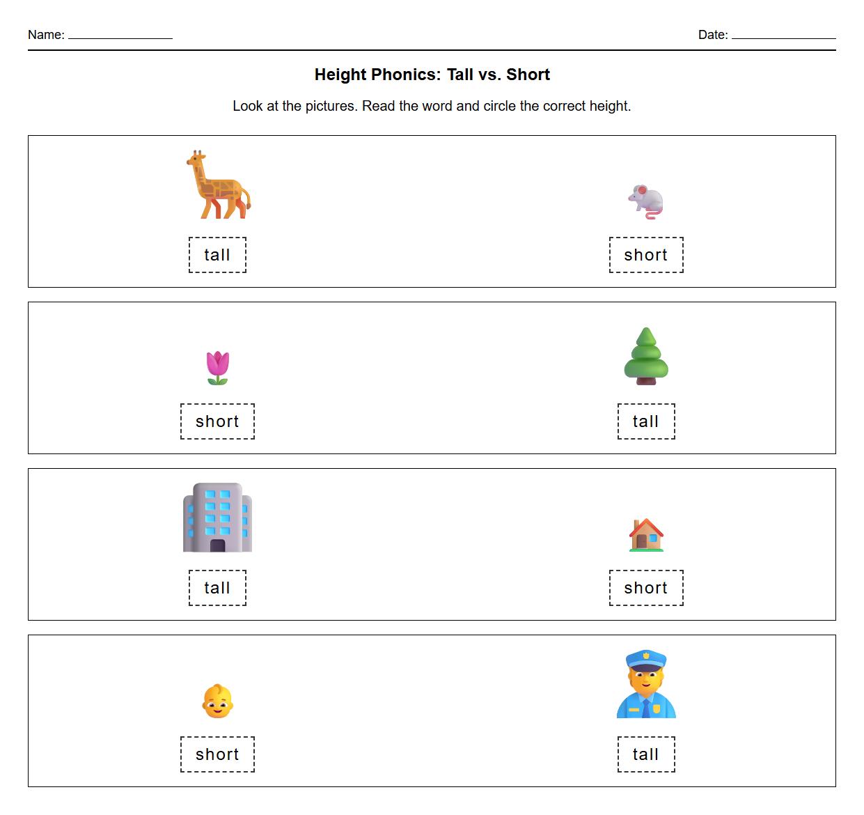 Early Math Phonics Worksheet Labeling Heights with Phonics Words