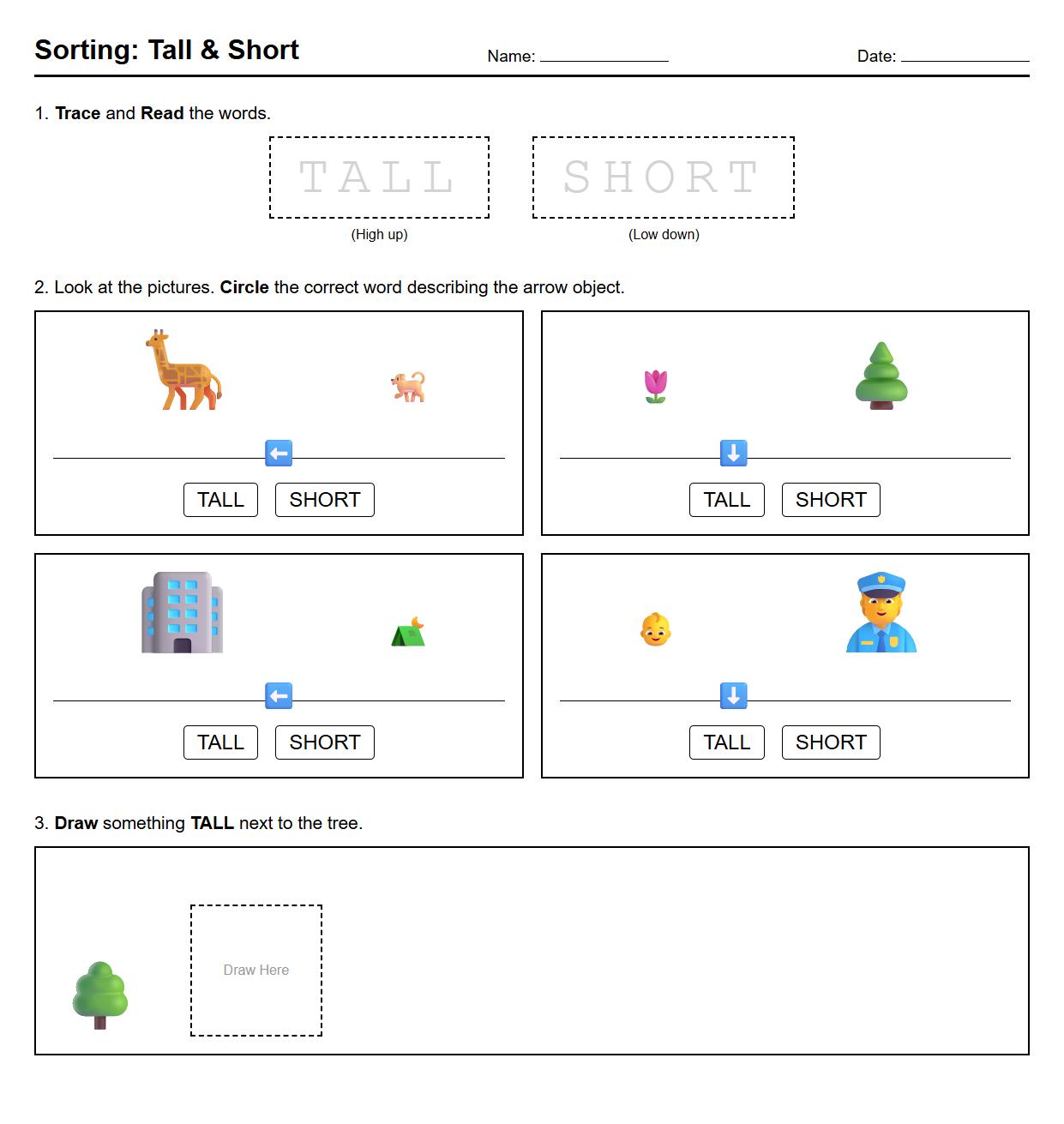 Early Math Phonics Worksheet Sorting Tall and Short