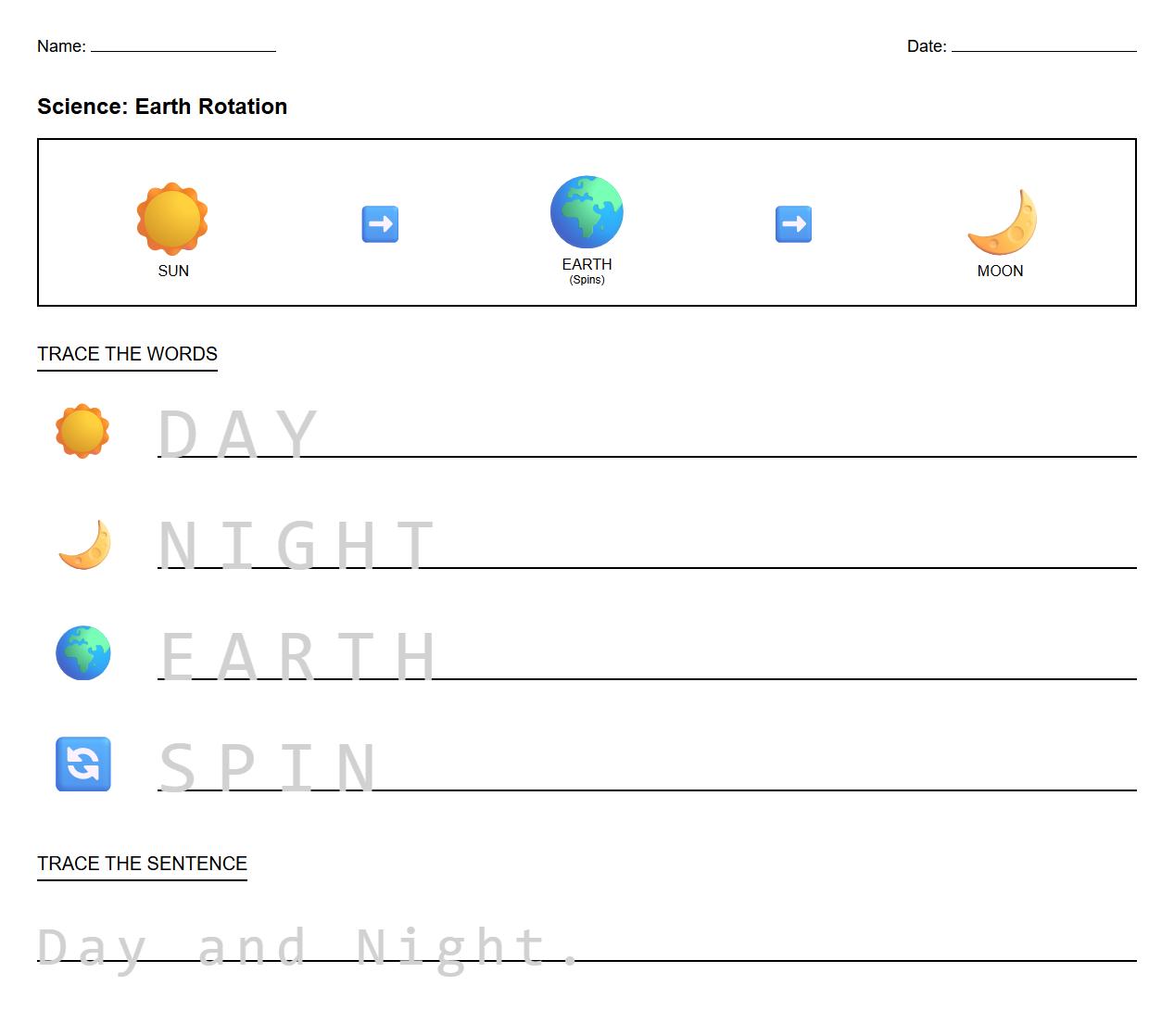 Earth Rotation and Day Night Cycle Phonics Tracing Activity