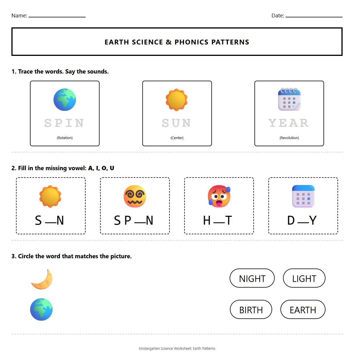 Earth Rotation and Revolution Phonics Spelling Pattern Worksheet