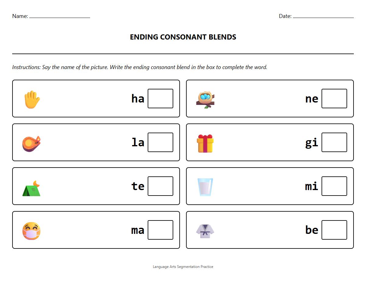 Ending Consonant Blend Segmentation Worksheet