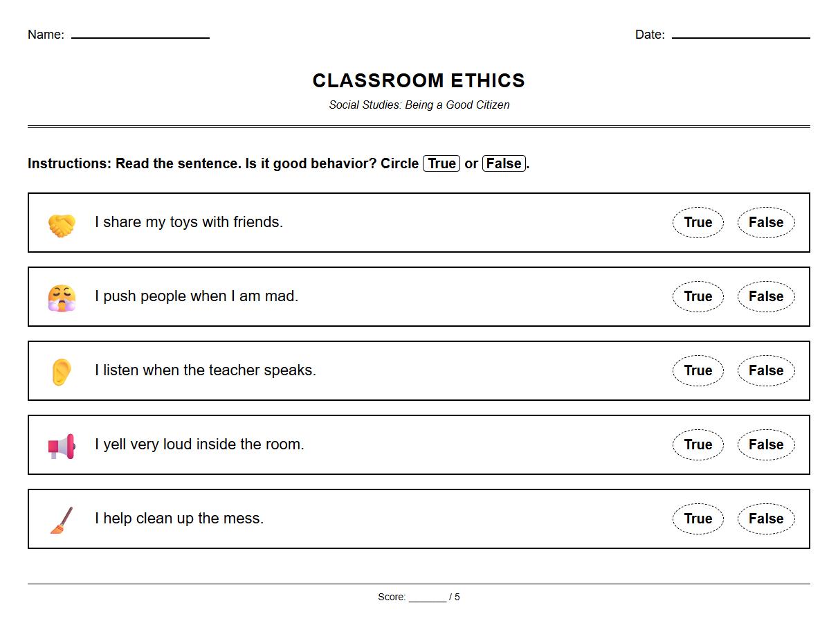 Ethical Behavior in the Classroom True or False Terminology Worksheet