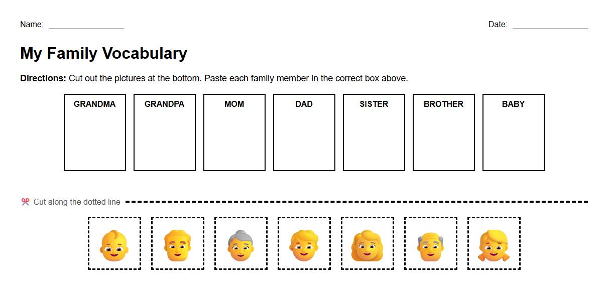 Family Vocabulary Cut and Paste Worksheet