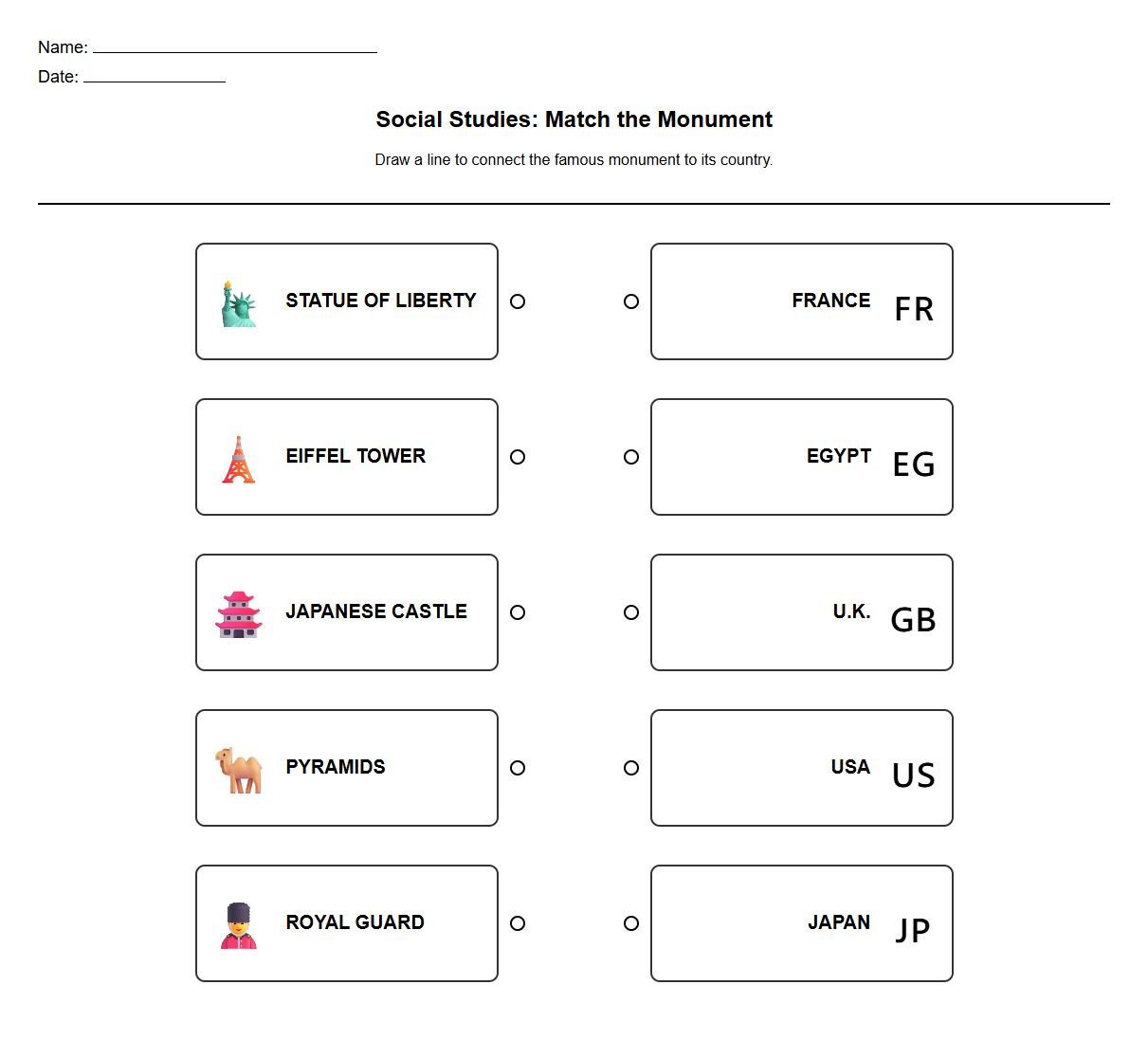 Famous Monument Symbol to Country Matching Worksheet