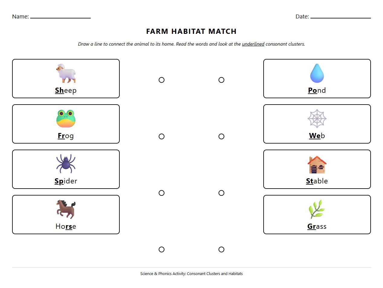 Farm Animal Habitat Match Worksheet Emphasizing Consonant Clusters in Words