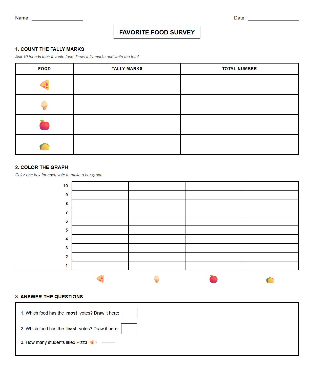 Favorite Food Bar Graph Worksheet using Student Survey Data