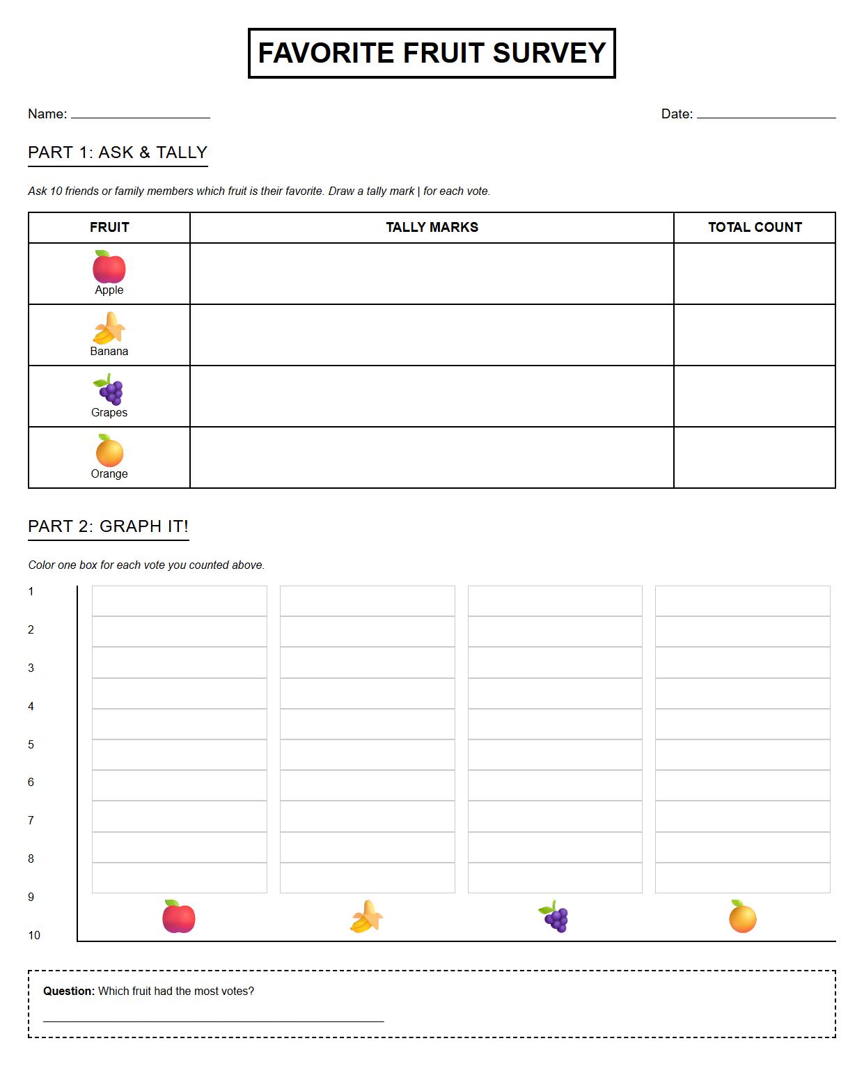 Favorite Fruit Survey and Graphing Sheet