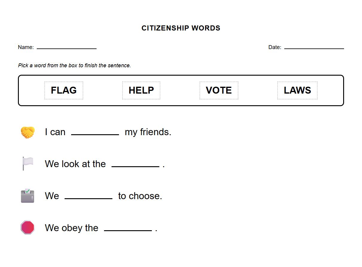 Fill in the Blank Activity Featuring Vocabulary from Phonics-Based Citizenship Words