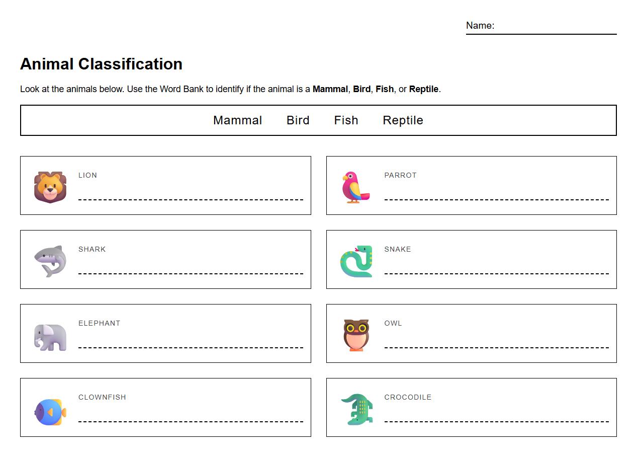 Fill in the Blank Animal Classification Worksheet