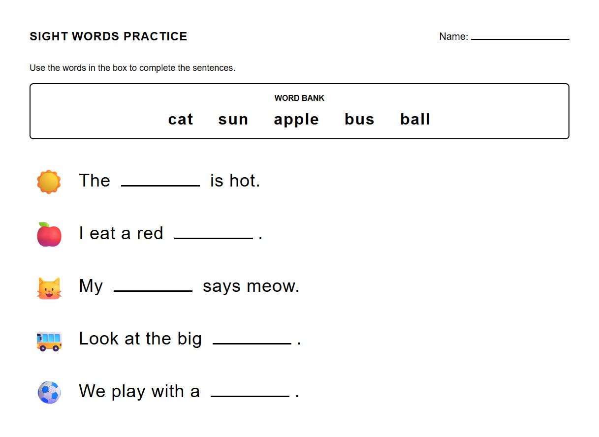 Fill in the Blank Sight Words with Contextual Clues