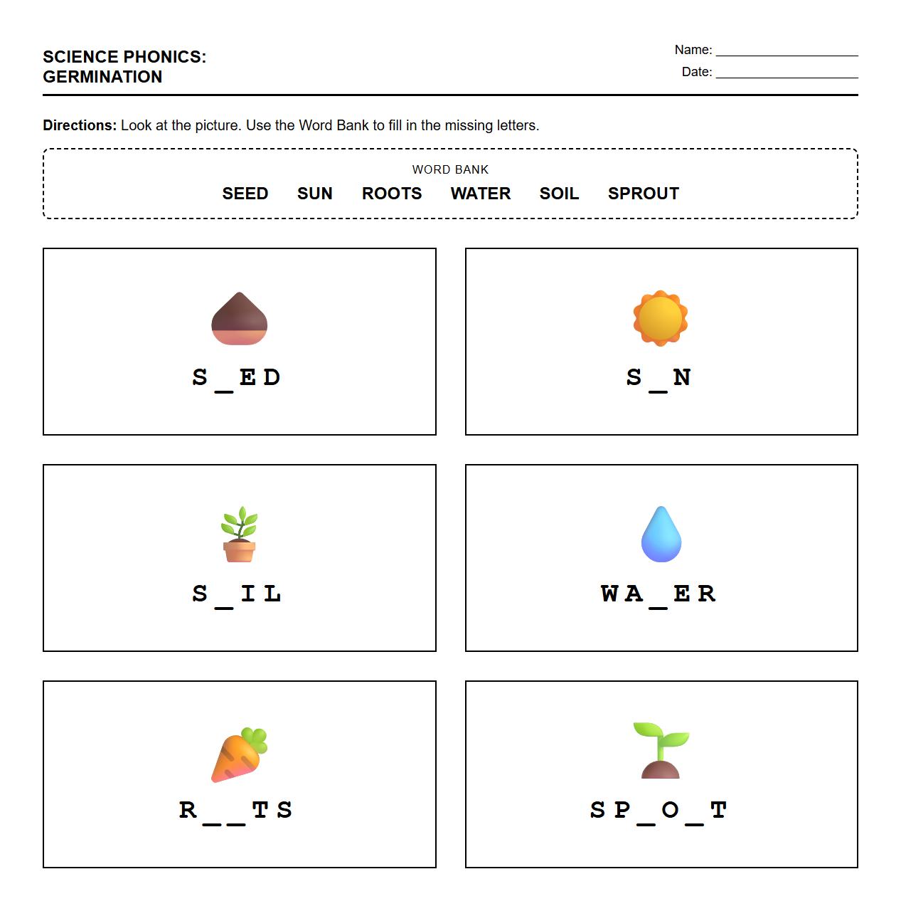 Fill in the Blanks Phonics Worksheet for Germination Stage Vocabulary