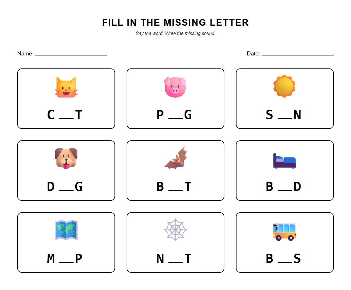 Fill in the Missing Letter CVC Phonics Worksheet