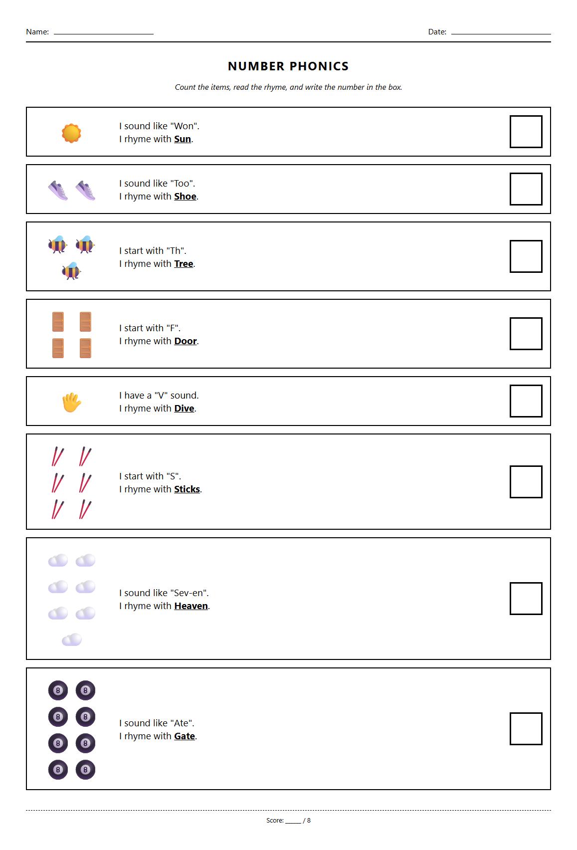 Fill in the missing numbers with phonics clues provided