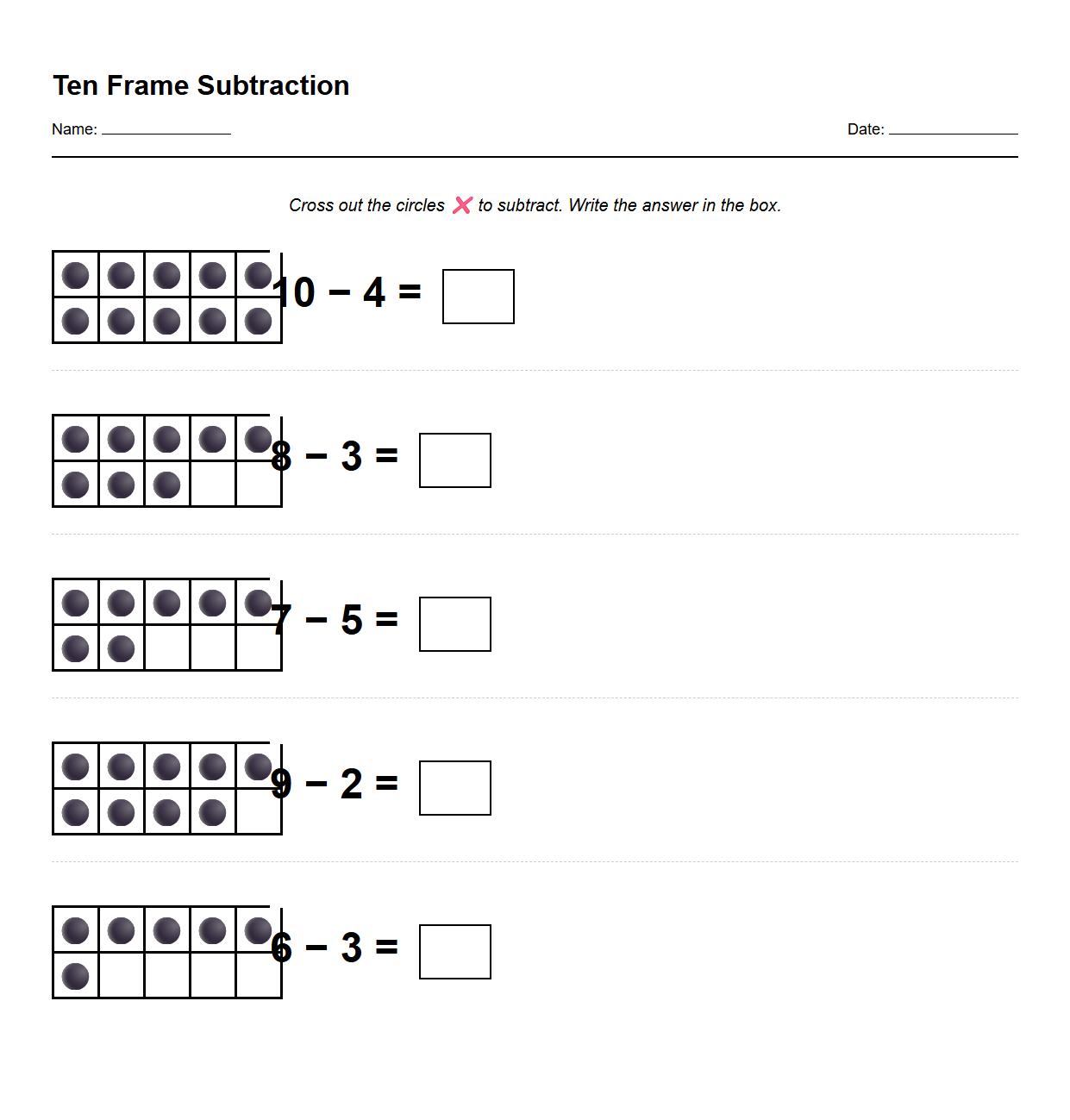 Fill in the Ten Frame and Subtract Worksheet