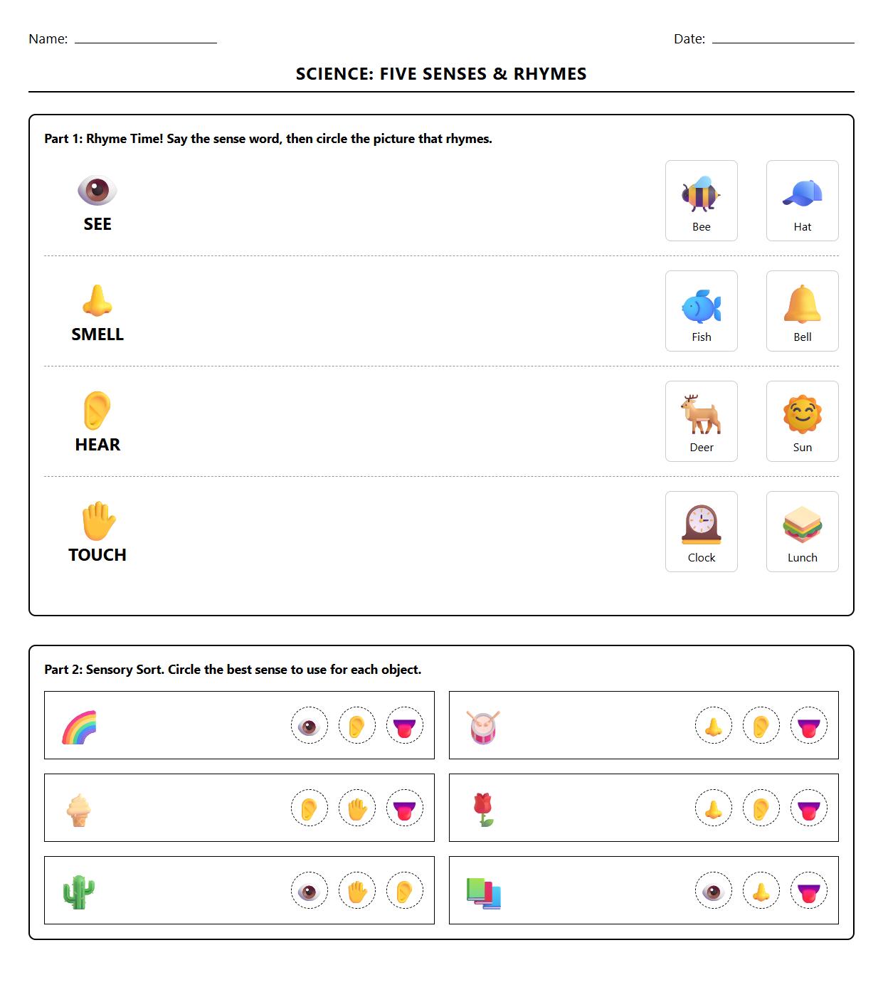 Five Senses Rhyming Words and Sensory Sorting Task