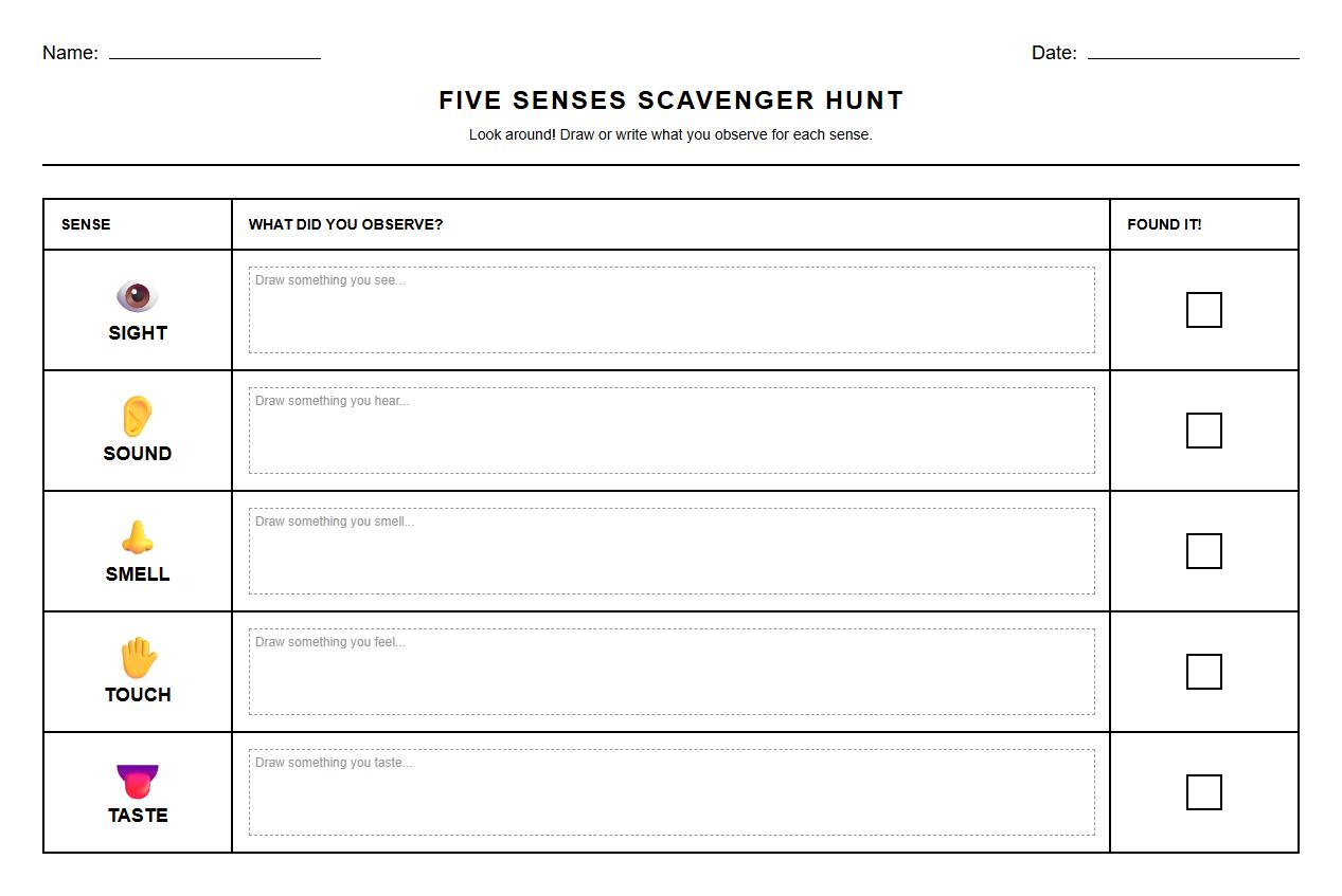 Five Senses Scavenger Hunt Chart for Data Collection
