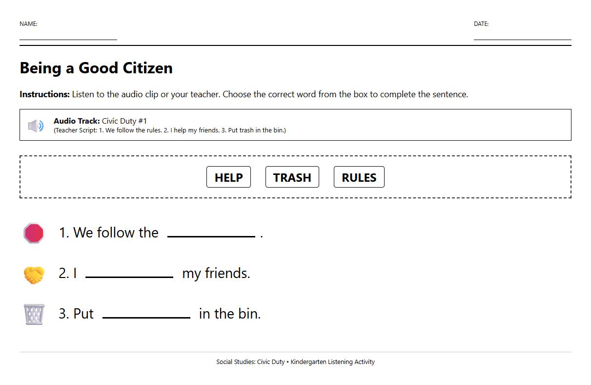 Gap Fill Listening Exercise using Audio about Civic Duty
