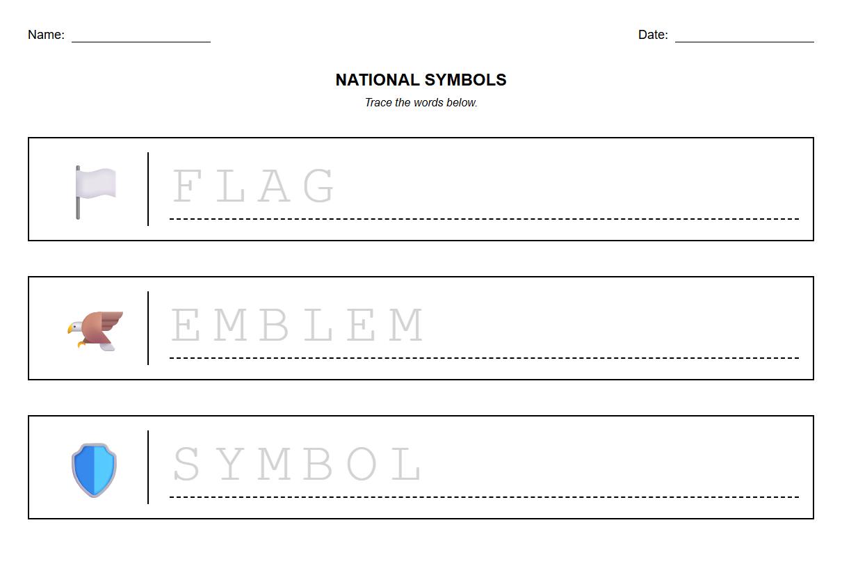 Handwriting practice tracing sheet for flag and emblem National Symbols