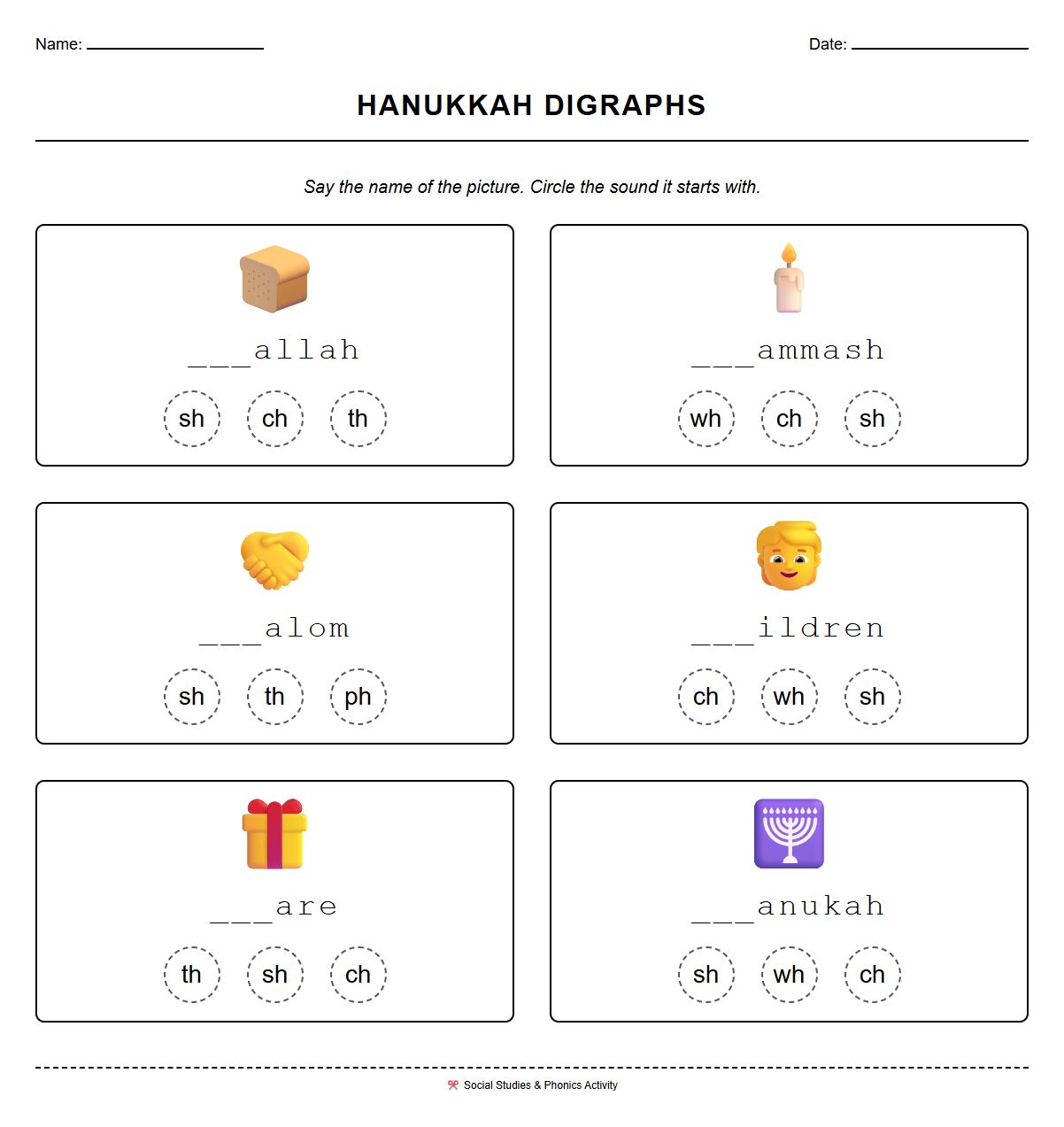 Hanukkah digraph recognition activity