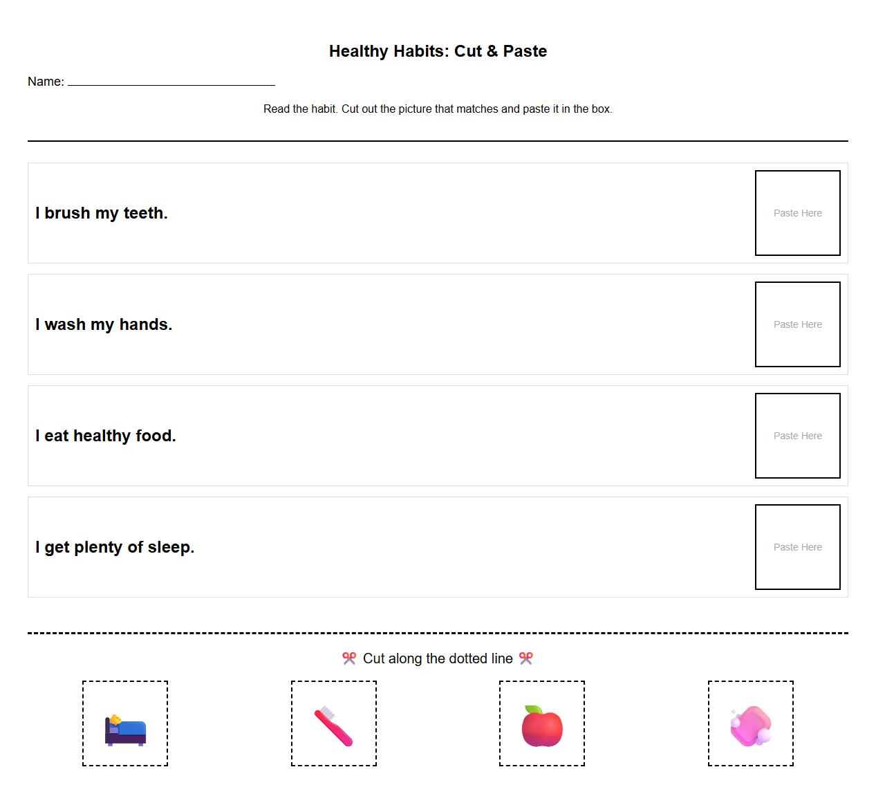 Healthy Habits Picture Matching Cut and Paste Worksheet