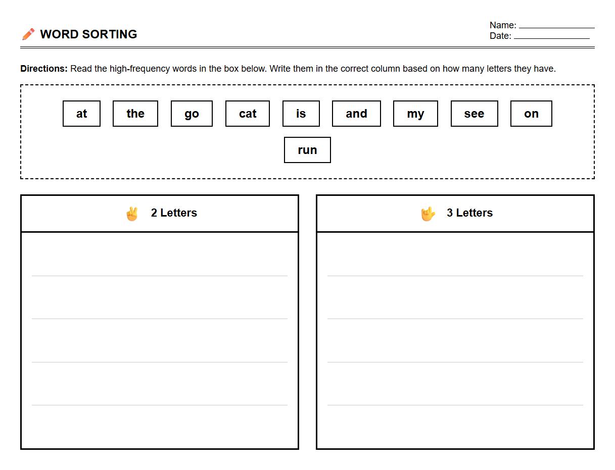 High Frequency Word Sorting Practice