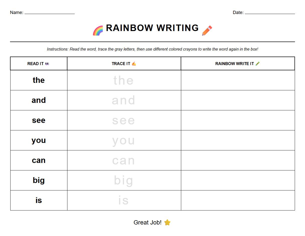 High-Frequency Words Rainbow Writing Phonics Worksheet
