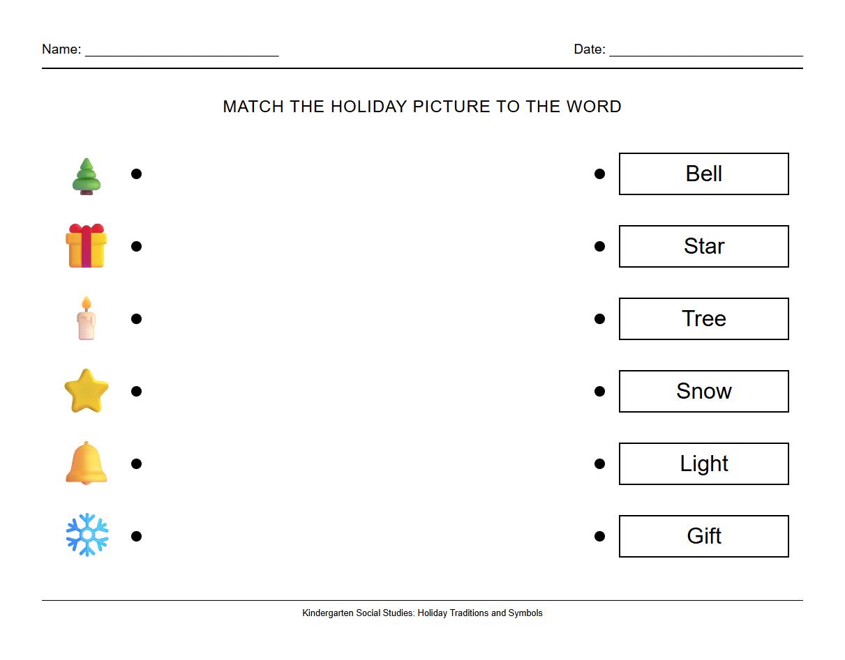 Holiday Word Families Matching Holiday Images Worksheet