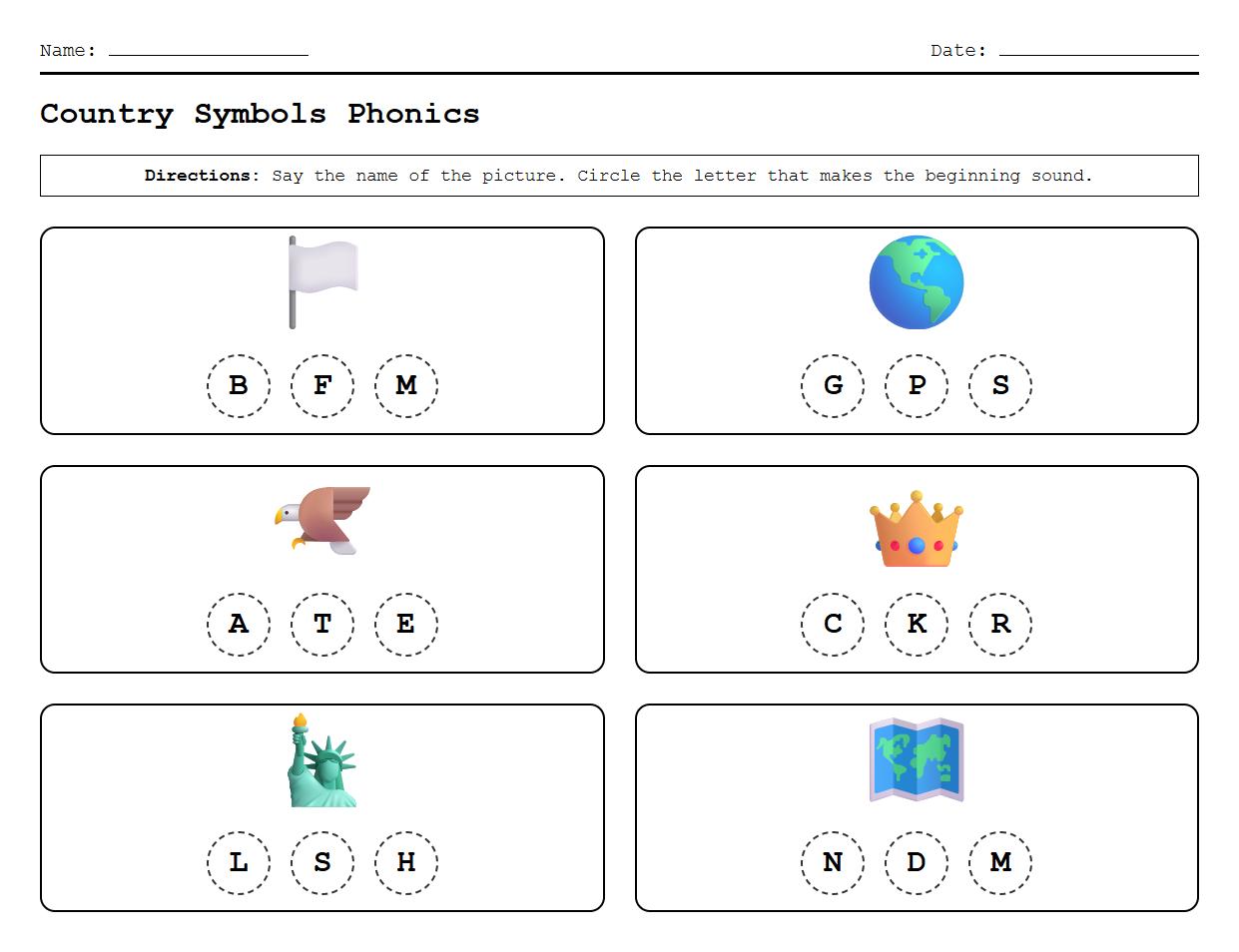 Identify and Color Country Symbols Initial Sounds Phonics Worksheet
