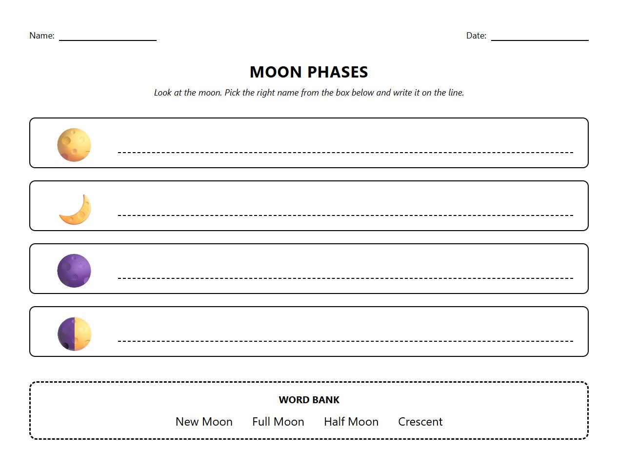 Identify and Name Moon Phases Visual Worksheet