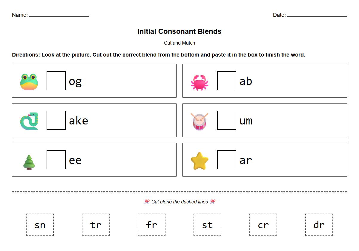 Initial Consonant Blends Cut and Match Task