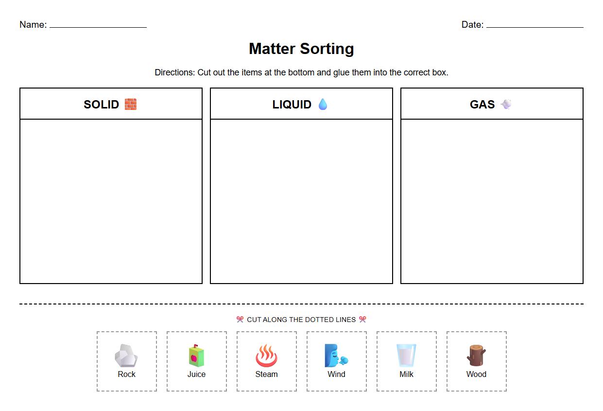 Introduction to Chemistry: Matter Sorting Sheet