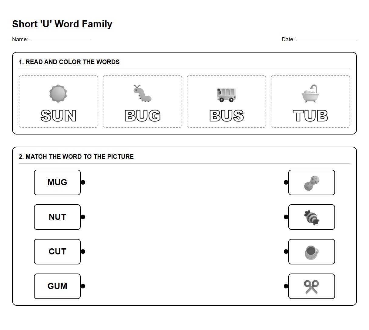 Kindergarten CVC Word Family Phonics Coloring Worksheet with Short U Word Matching