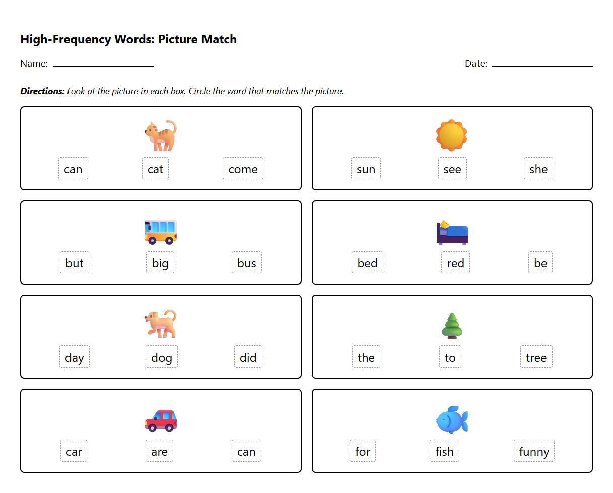 Kindergarten High-Frequency Words Identification with Picture Clues