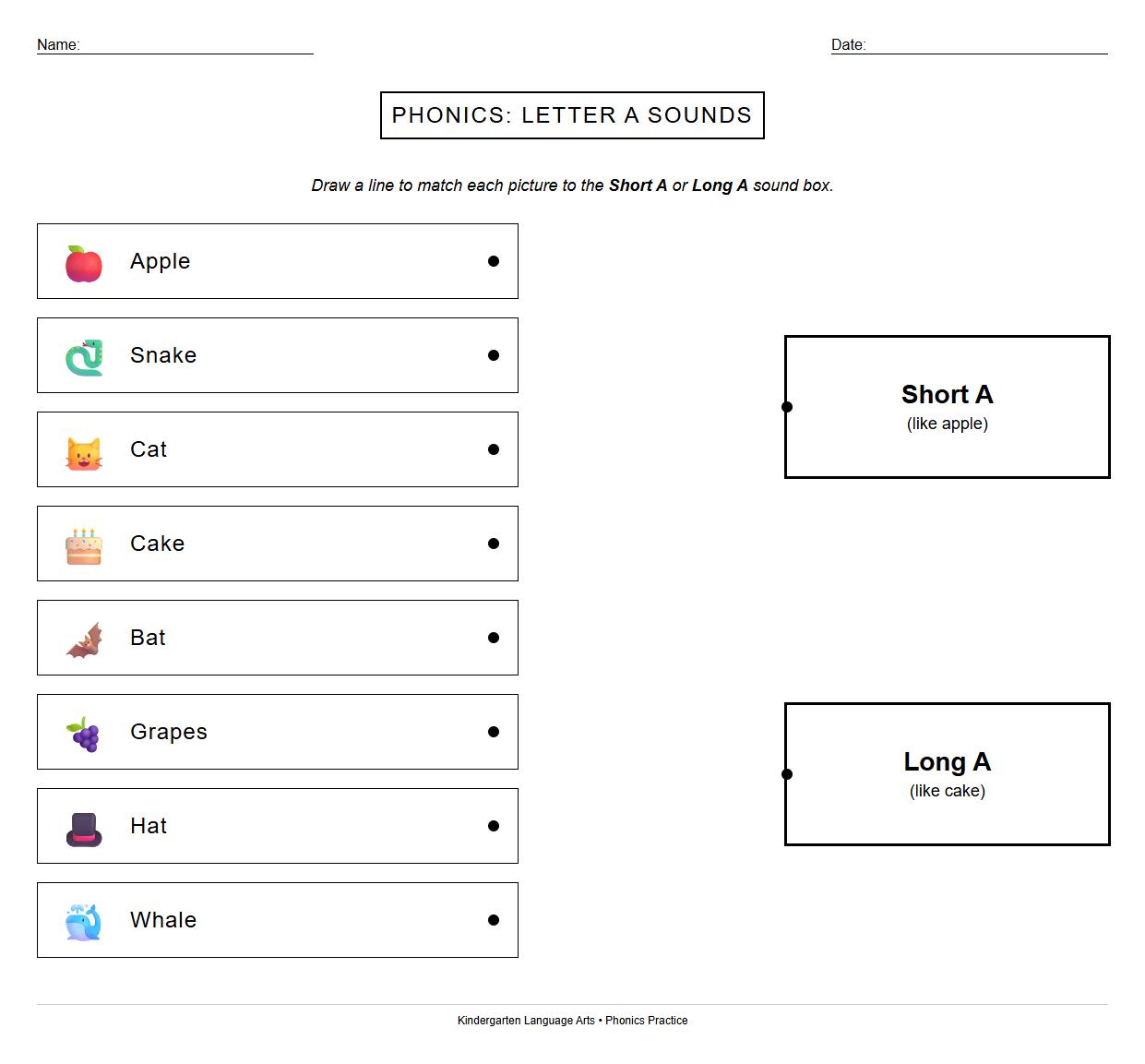 Kindergarten Phonics Worksheet for Matching Words with Short and Long A Sounds