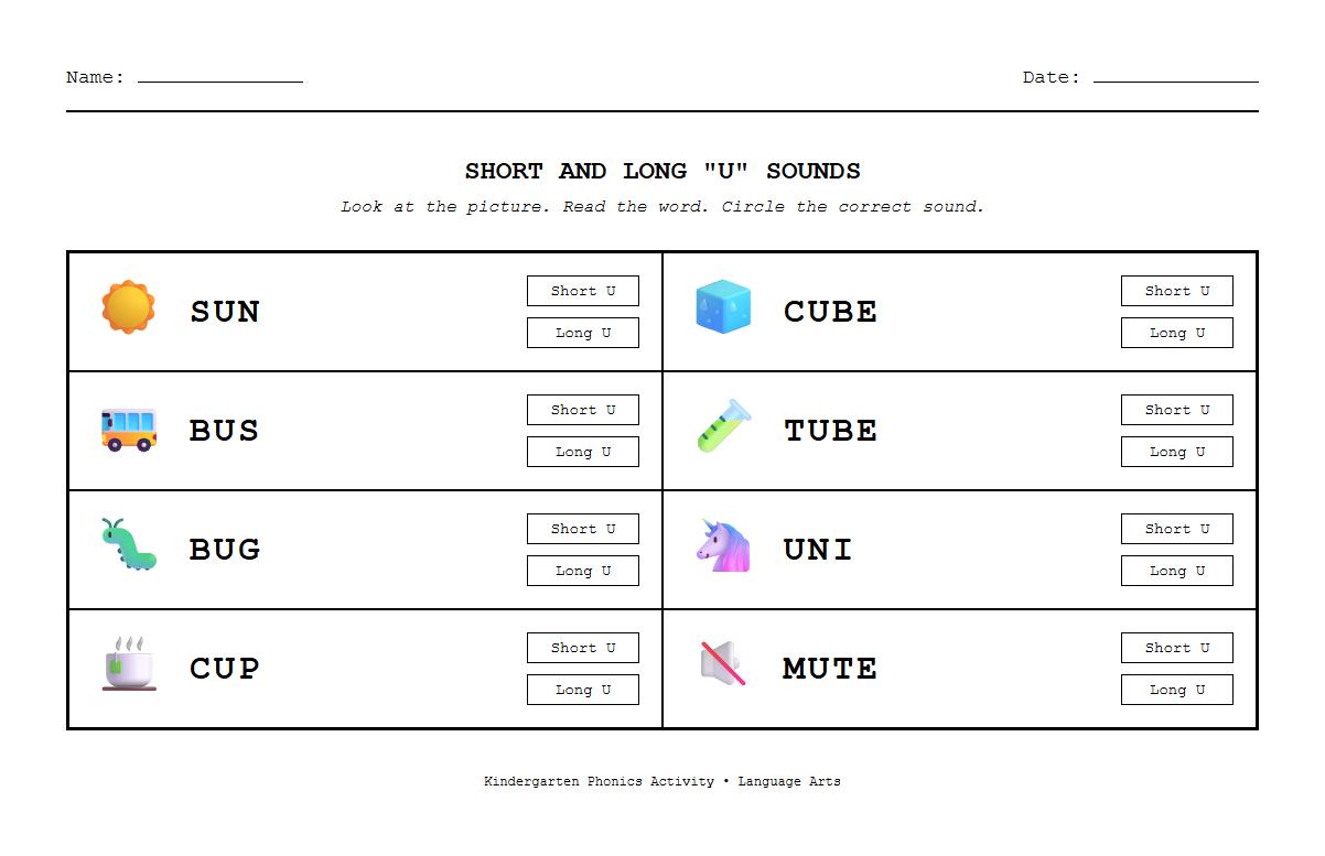 Kindergarten Phonics Worksheet for Matching Words with Short and Long U Sounds