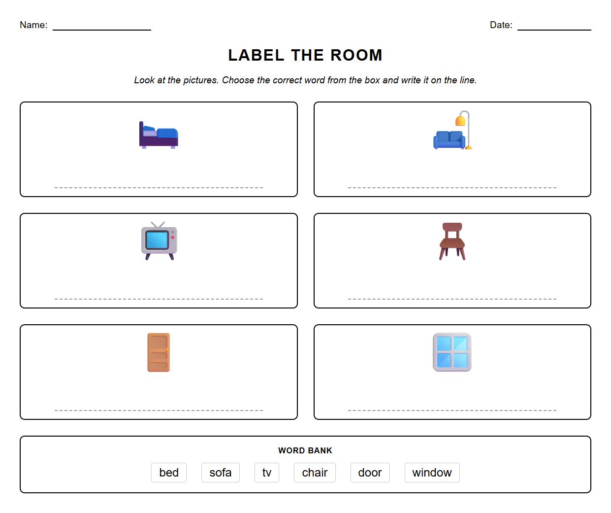Label the Room Home Objects Worksheet