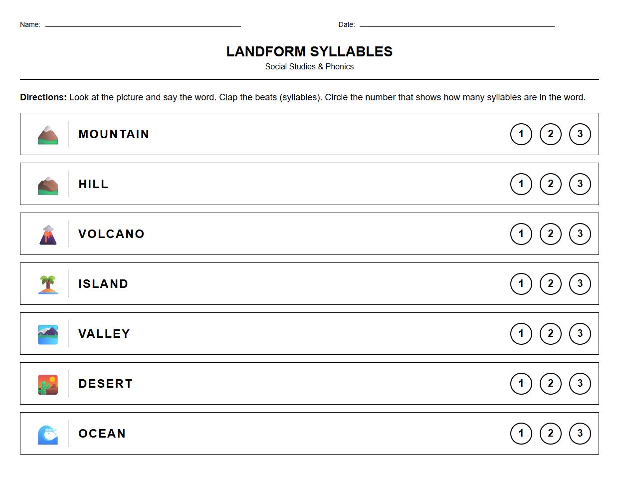 Landform Syllable Counting and Segmentation Worksheet