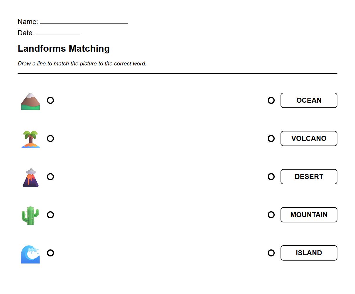 Landforms Matching Activity Worksheet with Images