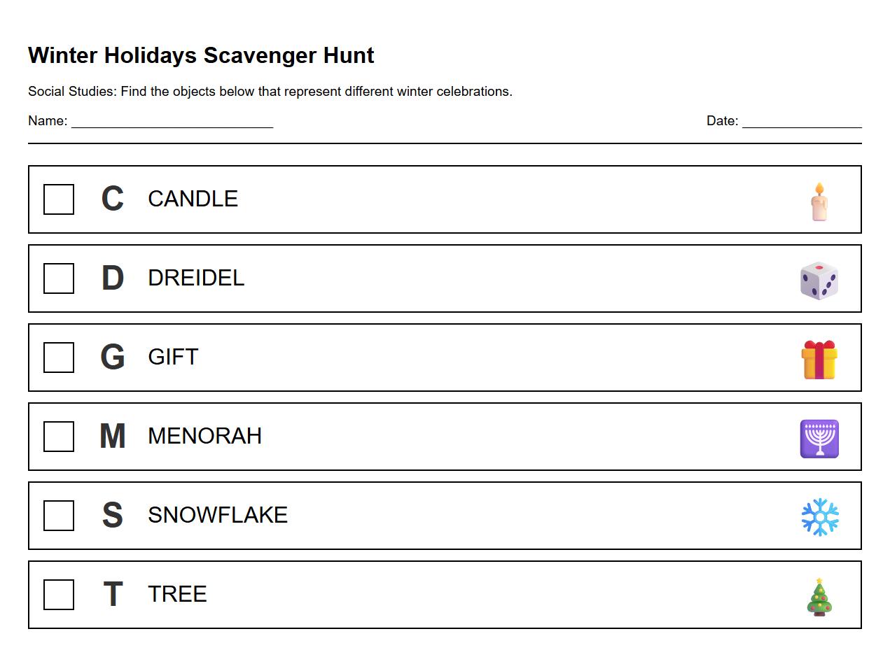 Letter scavenger hunt with Winter Holidays objects