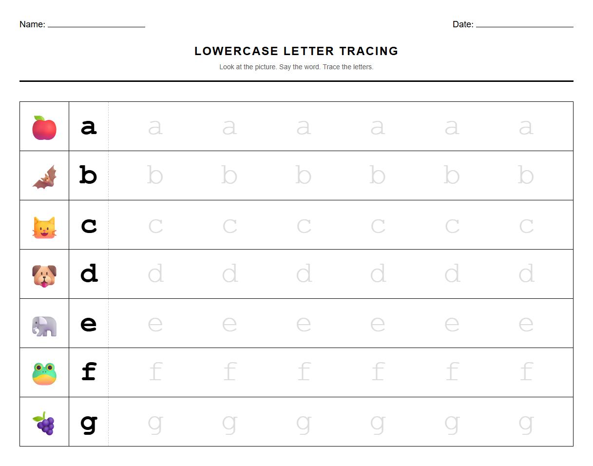 Lowercase Letter Tracing with Phonetic Cue Images