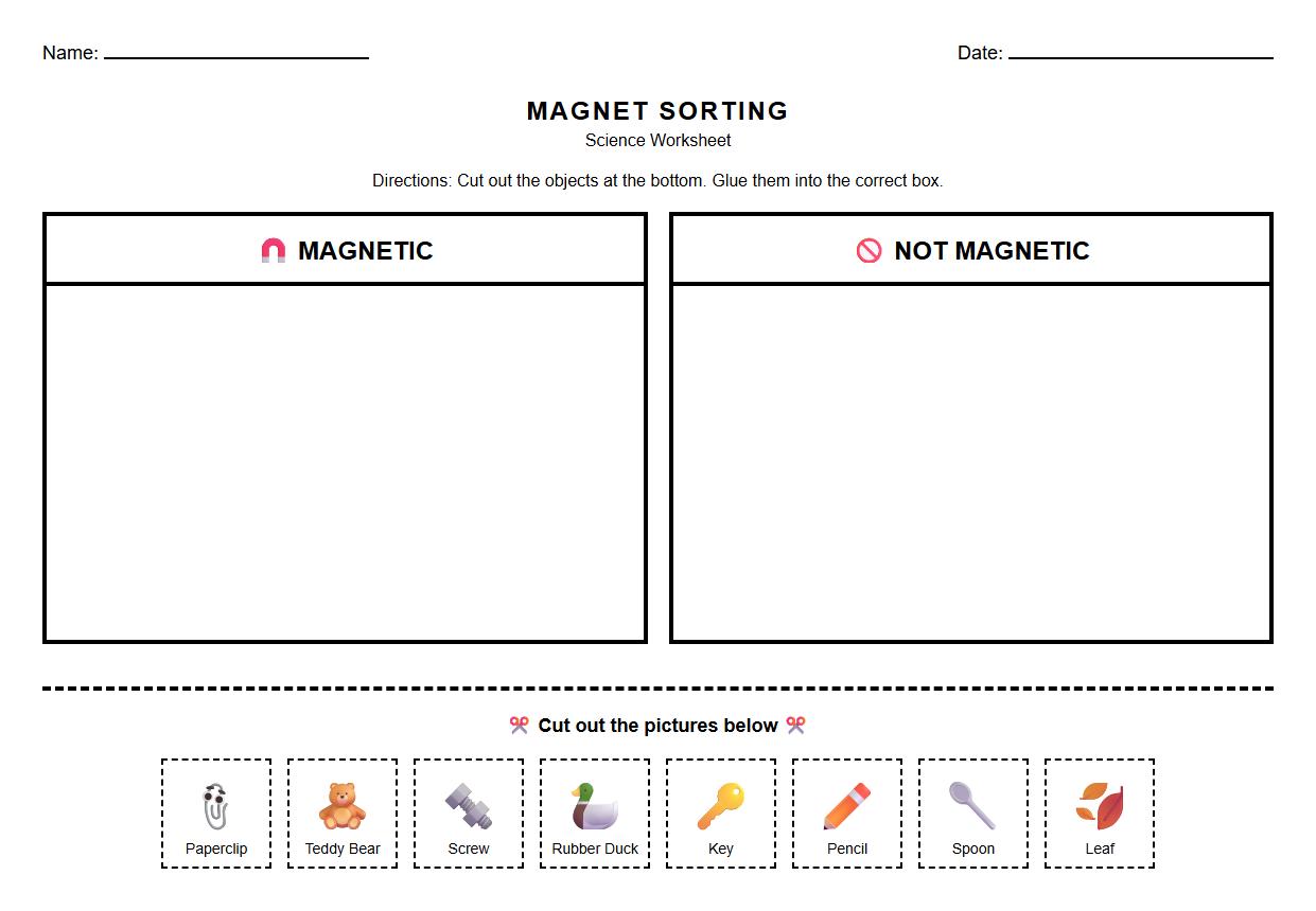 Magnet and Nonmagnet Objects Sorting Worksheet