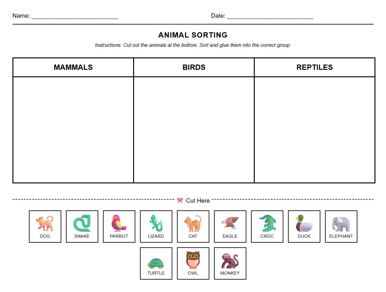 Mammals Birds and Reptiles Sorting Chart Worksheet