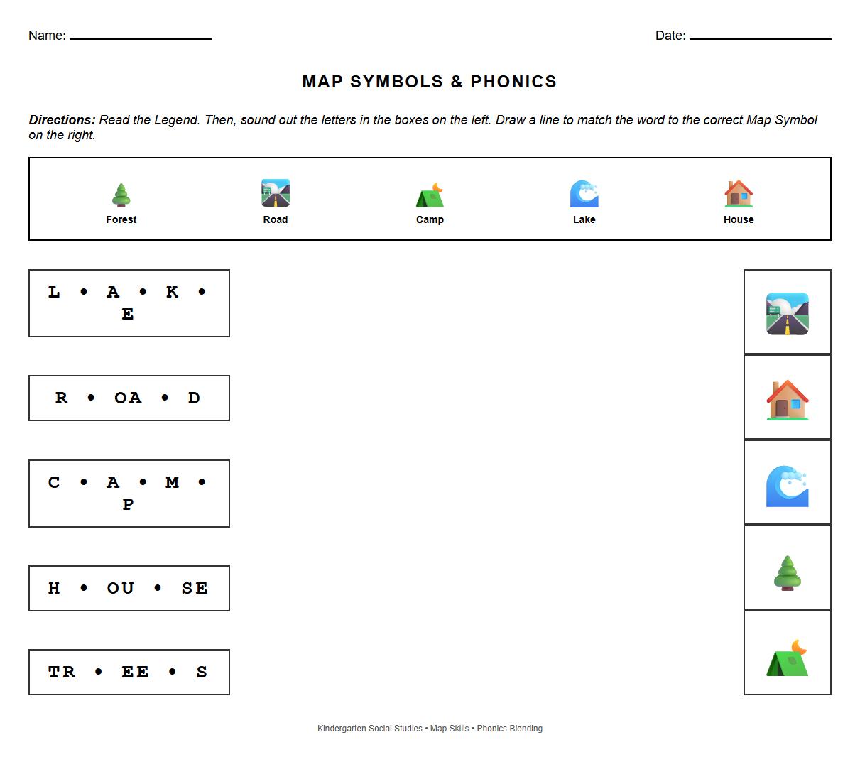 Map Symbols and Legend Phonics Blending Worksheet