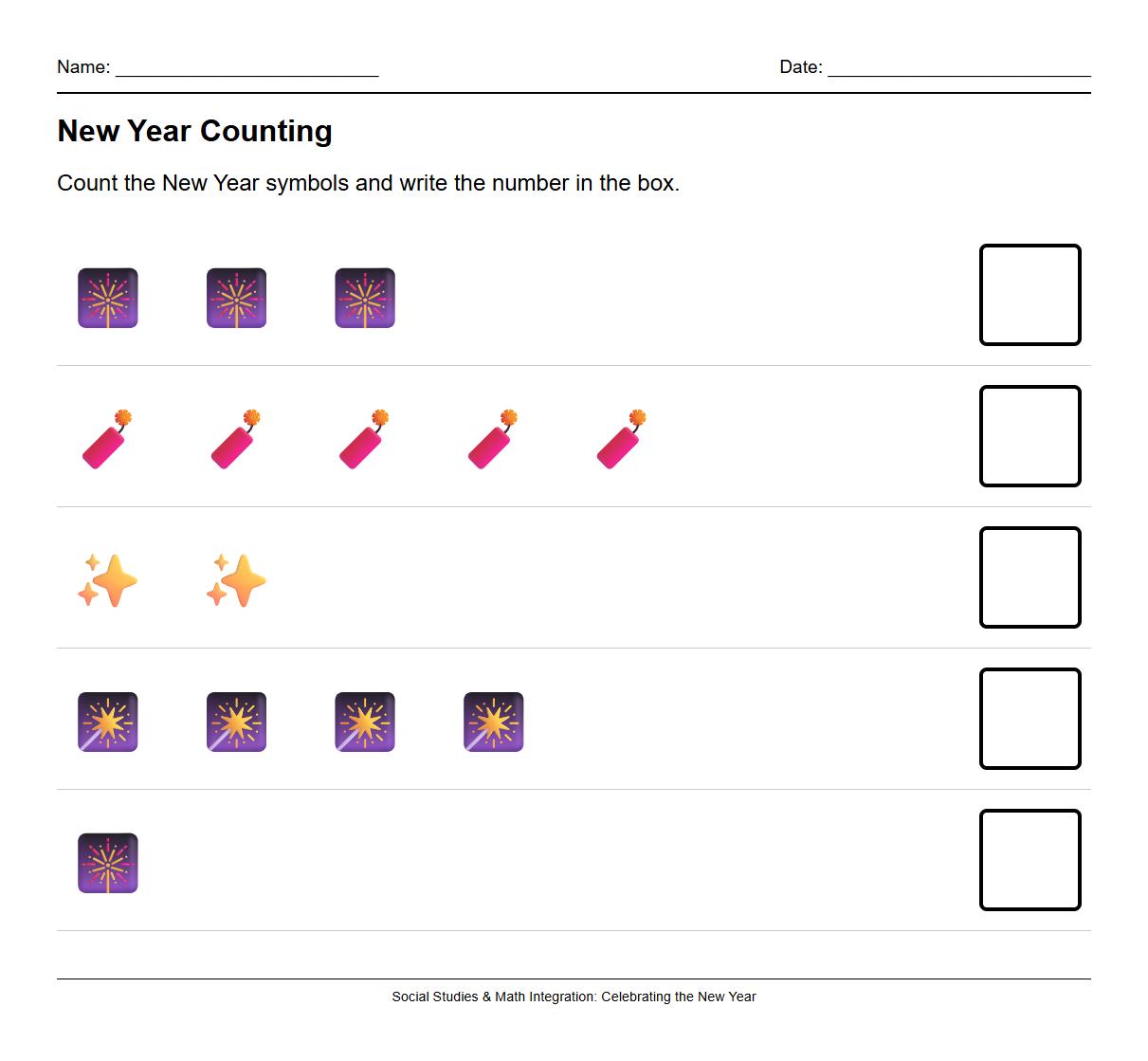 Math Counting Worksheet with New Year Firework Symbols for Subitizing Practice