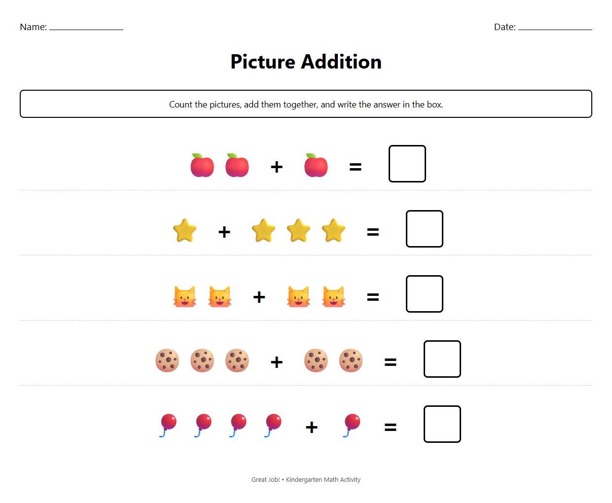 Math Worksheet Featuring Picture Addition for Early Learners