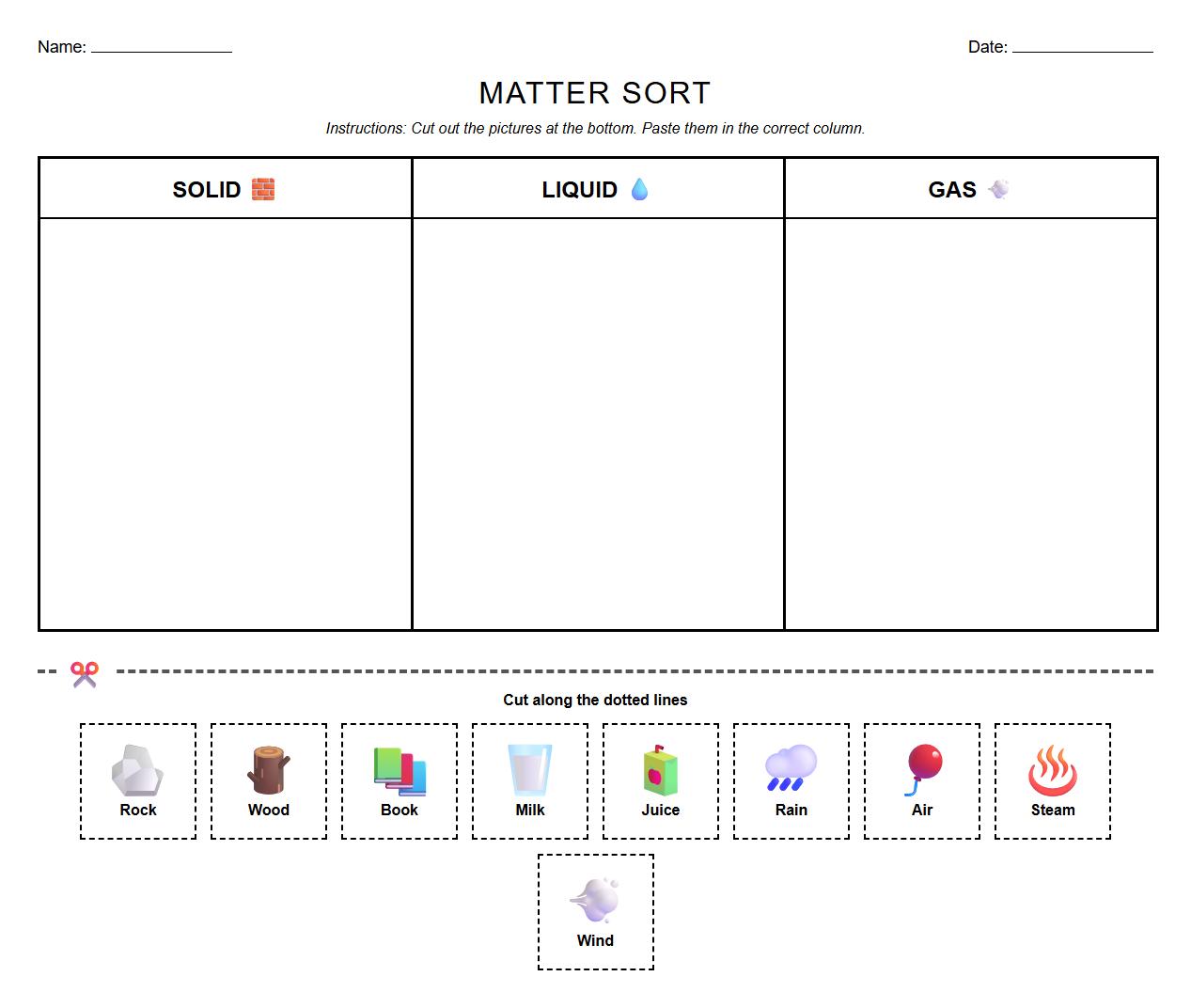 Matter Word Families Cut and Paste Worksheet