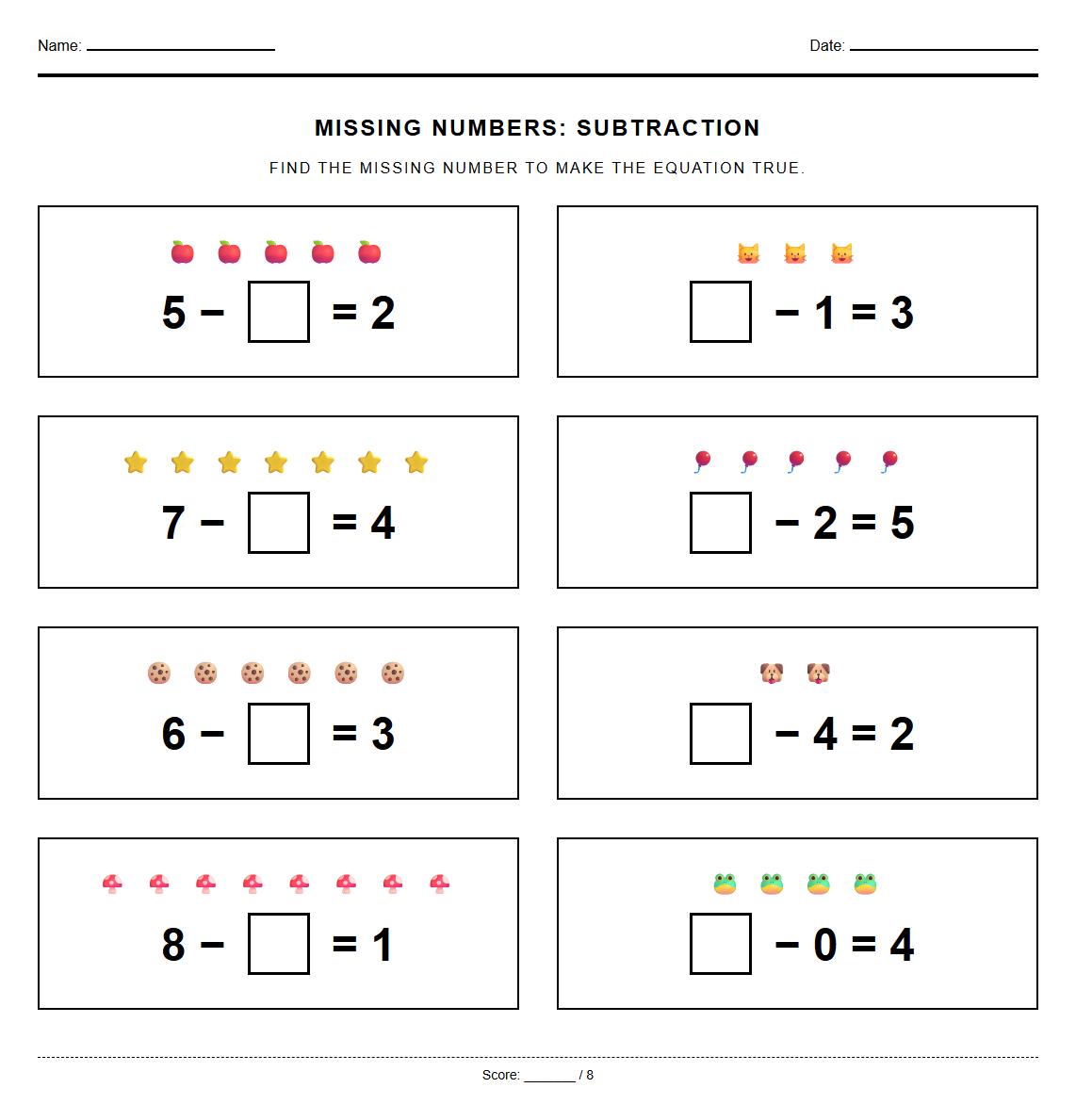 Missing Minuend or Subtrahend Worksheet