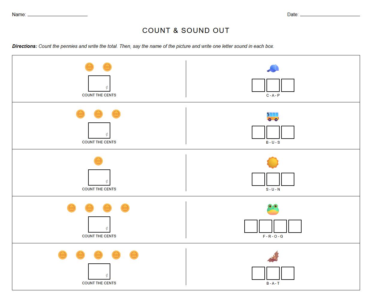 Money Amounts and Phonics Sound Boxes